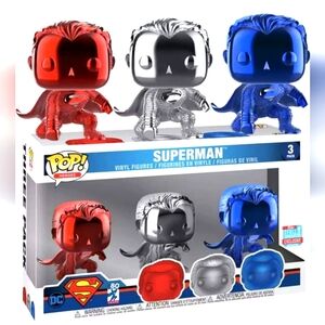 Funko Fall 2018 Convention Exclusive Chrome Red, Silver & Blue Superman 3 pack